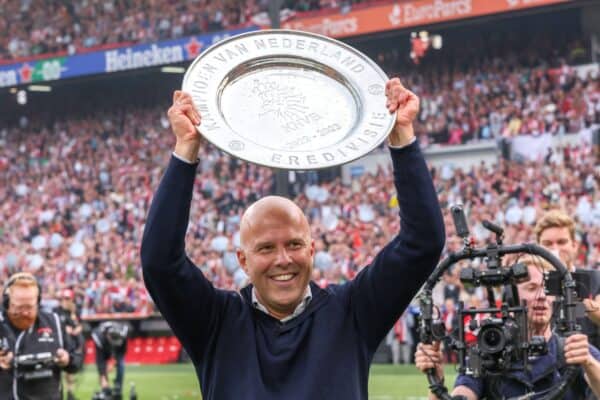 Arne Slot of Feyenoord celebrates with the Eredivisie trophy during the Dutch Eredivisie match between Feyenoord and Go Ahead Eagles at Feijenoord Stadion on May 14, 2023 in Rotterdam, Netherlands (Photo by Peter Lous/Orange Pictures)