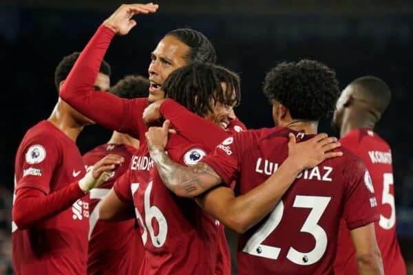 2R1WBT6 Leicester, UK. 15th May, 2023. Virgil van Dijk of Liverpool urges on the crowd as Trent Alexander-Arnold of Liverpool celebrates scoring their third goal during the Premier League match at the King Power Stadium, Leicester. Picture credit should read: Andrew Yates/Sportimage Credit: Sportimage Ltd/Alamy Live News