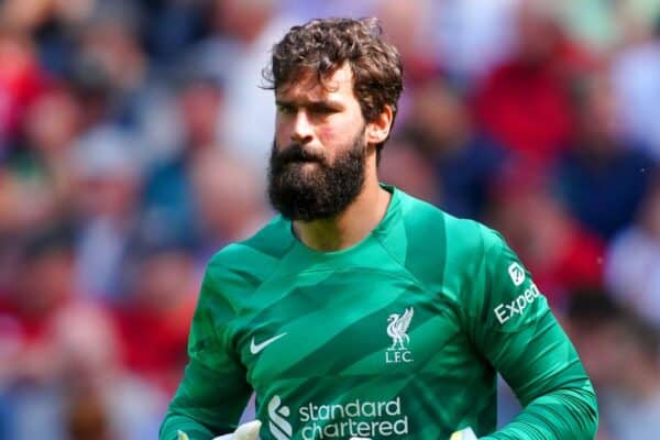 2R2MB85 Liverpool goalkeeper Alisson Becker during the Premier League match at Anfield, Liverpool. Picture date: Saturday May 20, 2023.