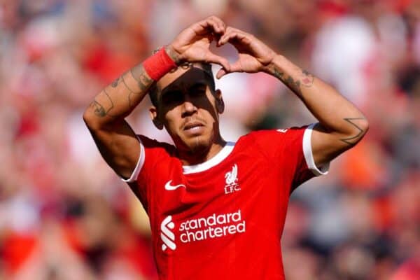 2R2MRR3 Liverpool's Roberto Firmino celebrates scoring their side's first goal of the game during the Premier League match at Anfield, Liverpool. Picture date: Saturday May 20, 2023.