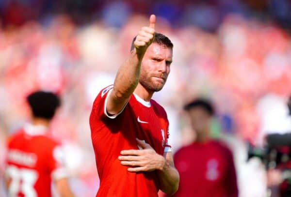 James Milner gestures to the fans at the end of the Premier League match and his final home game for the club at Anfield, Liverpool. Picture date: Saturday May 20, 2023.