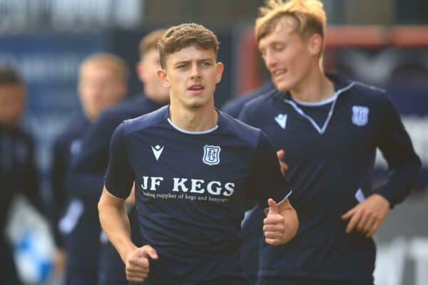 2REA1Y1 26th July 2023; Dens Park, Dundee, Scotland: Scottish Viaplay Cup Group E Football, Dundee versus Dumbarton; Owen Beck of Dundee during the warm up before the match