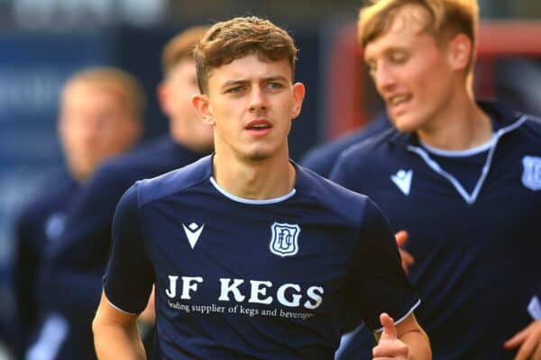 2REA1Y1 26th July 2023; Dens Park, Dundee, Scotland: Scottish Viaplay Cup Group E Football, Dundee versus Dumbarton; Owen Beck of Dundee during the warm up before the match (Action Plus Sports Images / Alamy Stock Photo)