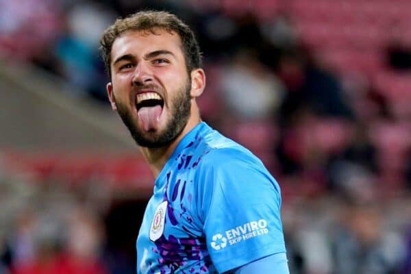 2RGD6MP Crewe Alexandra goalkeeper Harvey Davies celebrates after saving a penalty from Sunderland's Pierre Ekwah during the penalty shoot-out of the Carabao Cup first round match at the Stadium of Light, Sunderland. Picture date: Tuesday August 8, 2023.