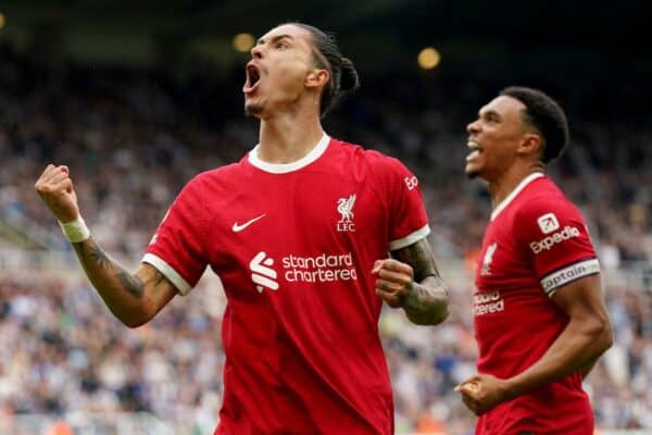 2RMAT24 Liverpool's Darwin Nunez celebrates after scoring his sides first goal during the Premier League match at St. James' Park, Newcastle upon Tyne. Picture date: Sunday August 27, 2023.