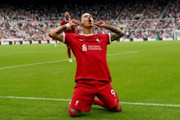 2RMAT2A Liverpool's Darwin Nunez celebrates after scoring his sides first goal during the Premier League match at St. James' Park, Newcastle upon Tyne. Picture date: Sunday August 27, 2023.