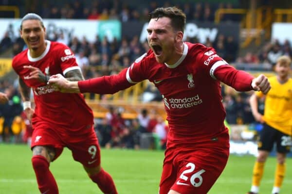 2RW1XW3 Liverpool's Andrew Robertson celebrates after scoring his side's second goal during the English Premier League soccer match between Wolverhampton and Liverpool at the Molineux stadium in Wolverhampton, England, Saturday, Sept. 16, 2023. (AP Photo/Rui Vieira)