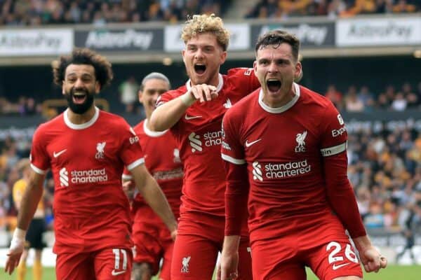 Andy Robertson celebrates with Elliott and Salah vs Wolves - September 16, 2023 (PA Images / Alamy Stock Photo)