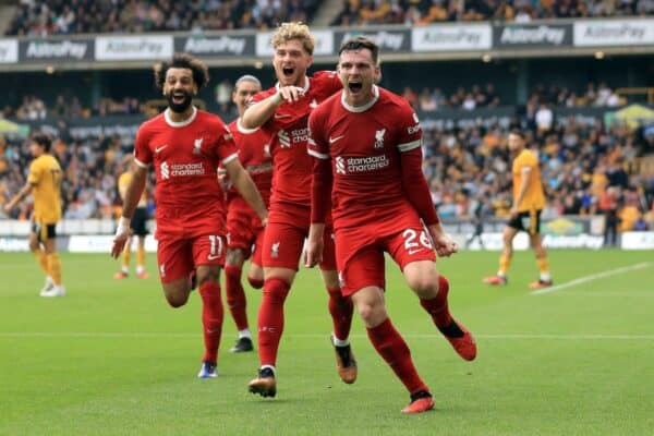 Andy Robertson celebrates with Elliott and Salah vs Wolves - September 16, 2023 (PA Images / Alamy Stock Photo)