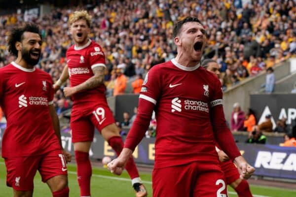 2RW1Y10 Wolverhampton, UK. 16th Sep, 2023. Andrew Robertson of Liverpool celebrate scoring their second goal during the Premier League match at Molineux, Wolverhampton. Picture credit should read: Andrew Yates/Sportimage Credit: Sportimage Ltd/Alamy Live News