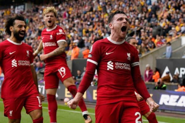 2RW1Y10 Wolverhampton, UK. 16th Sep, 2023. Andrew Robertson of Liverpool celebrate scoring their second goal during the Premier League match at Molineux, Wolverhampton. Picture credit should read: Andrew Yates/Sportimage Credit: Sportimage Ltd/Alamy Live News