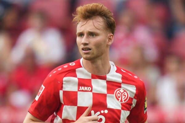 2RWF3PX Mainz's Sepp van den Berg during a German Bundesliga soccer match between FSV Mainz 05 and VfB Stuttgart in Mainz, Germany, Saturday, Sept. 16, 2023. (AP Photo/Michael Probst)