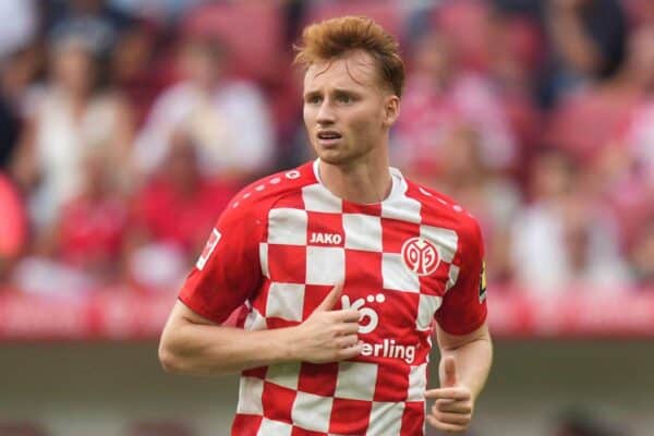 2RWF3PX Mainz's Sepp van den Berg during a German Bundesliga soccer match between FSV Mainz 05 and VfB Stuttgart in Mainz, Germany, Saturday, Sept. 16, 2023. (AP Photo/Michael Probst)