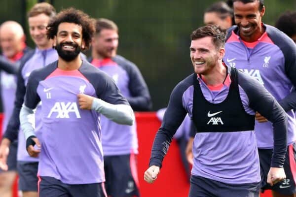 2RWMFW7 Liverpool's Virgil van Dijk (left), Mohamed Salah, and Andrew Robertson (right) during a training session at the AXA Training Centre, Liverpool. Picture date: Wednesday September 20, 2023. (Alamy Images)