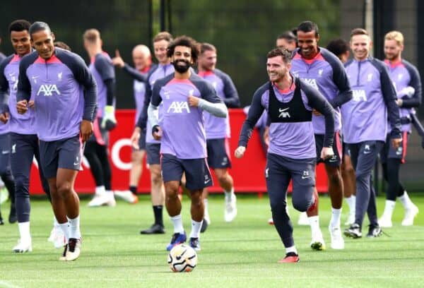 2RWMFW7 Liverpool's Virgil van Dijk (left), Mohamed Salah, and Andrew Robertson (right) during a training session at the AXA Training Centre, Liverpool. Picture date: Wednesday September 20, 2023. (Alamy Images)