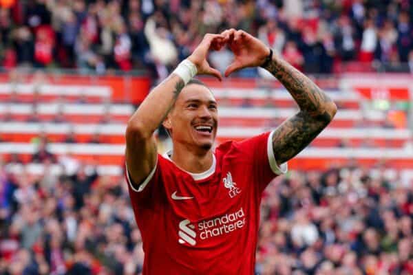 2RXBBD1 Liverpool's Darwin Nunez celebrates scoring their side's second goal of the game during the Premier League match at Anfield, Liverpool. Picture date: Sunday September 24, 2023.