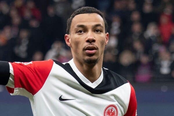 2S5YA0G Frankfurt Am Main, Deutschland. 14th Jan, 2025. 2025.01.14 xVAx Fussball 1. Bundesliga Eintracht Frankfurt - SC Freiburg v.l., Hugo Ekitike (Eintracht Frankfurt) Torjubel, Goal celebration, celebrate the goal (DFL/DFB REGULATIONS PROHIBIT ANY USE OF PHOTOGRAPHS as IMAGE SEQUENCES and/or QUASI-VIDEO) Credit: dpa/Alamy Live News