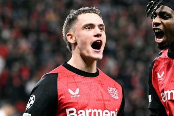 2SAK3GX Fussball, Champions League, Deutschland, Herren, Saison 2024/2025, 8. Spieltag, BayArena Leverkusen: Bayer Leverkusen - Sparta Prag 2:0; Jubel Florian Wirtz (LEV) nach seinem Tor zum 1:0, zusammen mit Jeremie Frimpong (LEV). Jubel, Freude, Aktion.