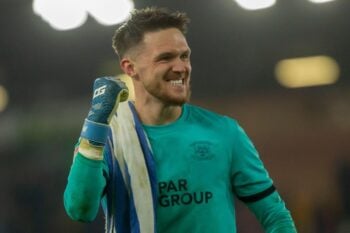 Freddie Woodman of Preston North End celebrating their win after the Sky Bet Championship match between Norwich City and Preston North End at Carrow Road, Norwich on Tuesday 11th February 2025. (Photo: David Watts | MI News) Credit: MI News & Sport /Alamy