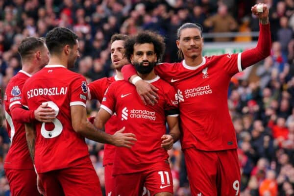 2T2RG53 Liverpool's Mohamed Salah celebrates scoring their side's first goal of the game from the penalty spot during the Premier League match at Anfield, Liverpool. Picture date: Saturday October 21, 2023.