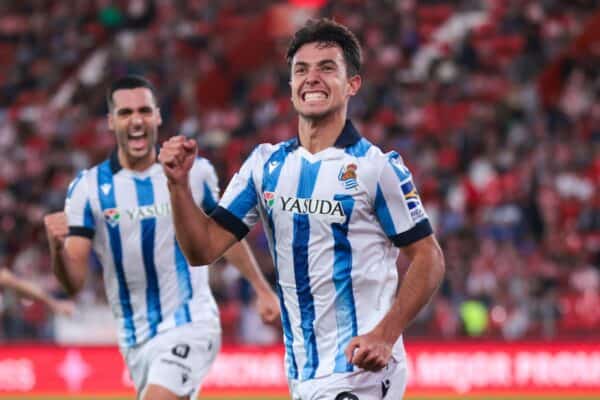 2T6RD42 November 11, 2023, Almeria, Spain: SEVILLE, SPAIN - NOVEMBER 11: Martin Zubimendi of Real Sociedad celebrate a goal during the La Liga EA Sports match between UD Almeria and Real Sociedad at Power Horse Stadium on November 11, 2023 in Almeria, Spain. (Credit Image: © Jose Luis Contreras/DAX via ZUMA Press Wire) EDITORIAL USAGE ONLY! Not for Commercial USAGE!
