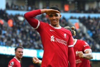 Liverpool’s Trent Alexander-Arnold celebrates after scoring his side’s opening goal during the English Premier League soccer match between Manchester City and Liverpool at Etihad stadium in Manchester, England, Saturday, Nov. 25, 2023. (AP Photo/Rui Vieir