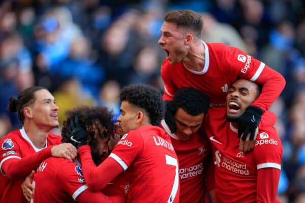 Trent Alexander-Arnold #66 of Liverpool celebrates scoring the goal to make it 1-1 during the Premier League match Manchester City vs Liverpool at Etihad Stadium, Manchester, United Kingdom, 25th November 2023 (Photo by Conor Molloy/News Images) Credit: News Images LTD/Alamy Live News