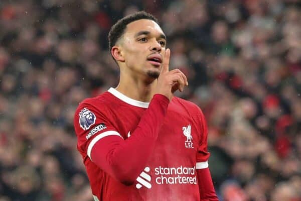 2TAX8Y8 Liverpool, UK. 03rd Dec, 2023. Trent Alexander-Arnold #66 of Liverpool celebrates his goal to make it 4-3 during the Premier League match Liverpool vs Fulham at Anfield, Liverpool, United Kingdom, 3rd December 2023 (Photo by Mark Cosgrove/News Images) Credit: News Images LTD/Alamy Live News