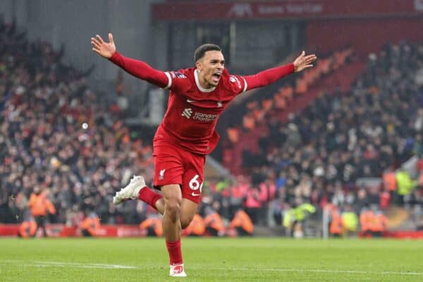 2TAX94Y Liverpool, UK. 03rd Dec, 2023. Trent Alexander-Arnold #66 of Liverpool celebrates his goal to make it 4-3 during the Premier League match Liverpool vs Fulham at Anfield, Liverpool, United Kingdom, 3rd December 2023 (Photo by Mark Cosgrove/News Images) Credit: News Images LTD/Alamy Live News