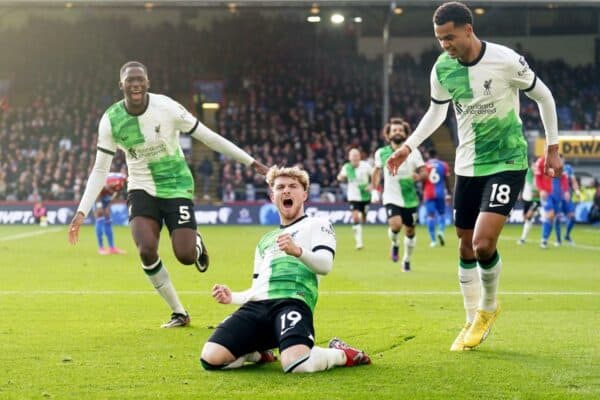 2TBY6PX Liverpool's Harvey Elliott celebrates scoring his sides second goal during the Premier League match at Selhurst Park, London. Picture date: Saturday December 9, 2023.