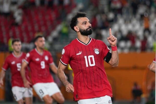 2WCAEKC January 14 2024: Mohamed Salah Salah Mahrous Ghaly (Egypt) celebrates the second goal during a African Cup of Nations Group B game, Egypt vs Mozambique, at Stade Felix Houphouet-Boigny, Abidjan, Ivory Coast. Kim Price/CSM (Credit Image: © Kim Price/Cal Sport Media) (Cal Sport Media via AP Images)