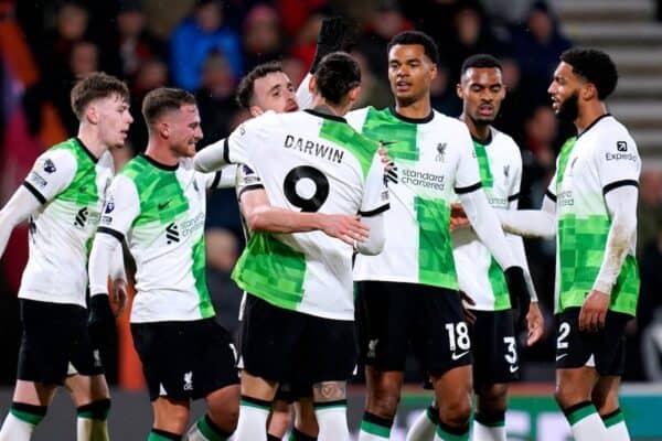 Diogo Jota (centre left) celebrates with his team-mates after scoring their side's third goal of the game during the Premier League match at the Vitality Stadium, Bournemouth. Picture date: Sunday January 21, 2024.