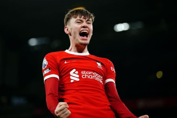 2WFM8R3 Liverpool's Conor Bradley celebrates after assisting their side's third goal of the game scored by Dominik Szoboszlai during the Premier League match at Anfield, Liverpool. Picture date: Wednesday January 31, 2024.