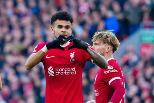 2WHHX6A Liverpool's Luis Diaz celebrates after scoring his side's second goal during the English Premier League soccer match between Liverpool and Burnley, at Anfield stadium in Liverpool, England, Saturday, Feb. 10, 2024. (AP Photo/Jon Super)