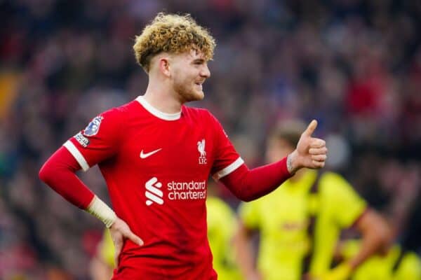 2WHJ53R Liverpool's Harvey Elliott gives the thumbs up signs during the English Premier League soccer match between Liverpool and Burnley, at Anfield stadium in Liverpool, England, Saturday, Feb. 10, 2024. (AP Photo/Jon Super)