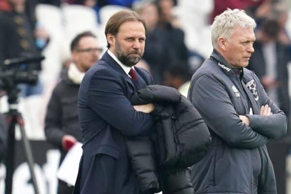 2WHRFPC West Ham United manager David Moyes (right) and technical director Tim Steidten before the Premier League match at the London Stadium. Picture date: Sunday February 11, 2024.