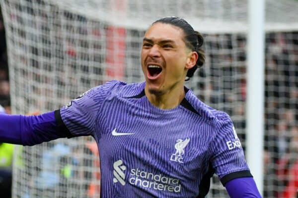 2WNFH9J Liverpool's Darwin Nunez celebrates after scoring his side's opening goal during the English Premier League soccer match between Nottingham Forest and Liverpool at City ground in Nottingham, England, Saturday, March 2, 2024. (AP Photo/Rui Vieira)