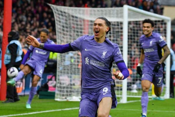 2WNFH9J Liverpool's Darwin Nunez celebrates after scoring his side's opening goal during the English Premier League soccer match between Nottingham Forest and Liverpool at City ground in Nottingham, England, Saturday, March 2, 2024. (AP Photo/Rui Vieira)