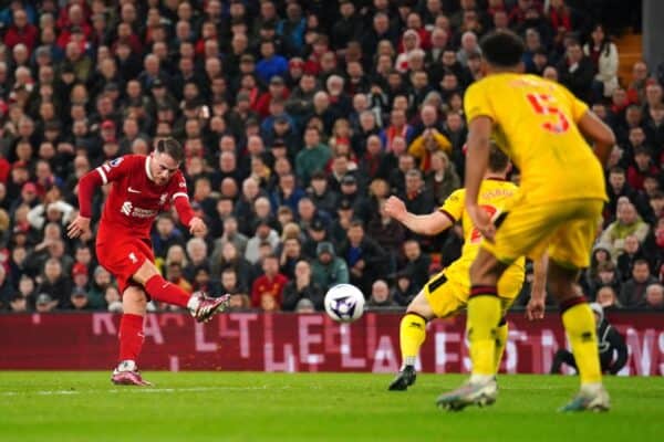 Liverpool's Alexis Mac Allister scores their side's second goal of the game during the Premier League match at Anfield, Liverpool. Picture date: Thursday April 4, 2024.