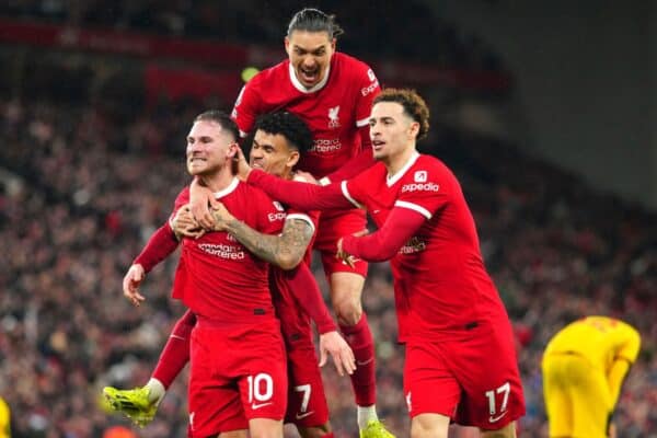 Liverpool's Alexis Mac Allister, left, celebrates with teammates after scoring his side's second goal during the English Premier League soccer match between Liverpool and Sheffield United at the Anfield stadium in Liverpool, England, Thursday, Apr. 4, 2024. (AP Photo/Jon Super)