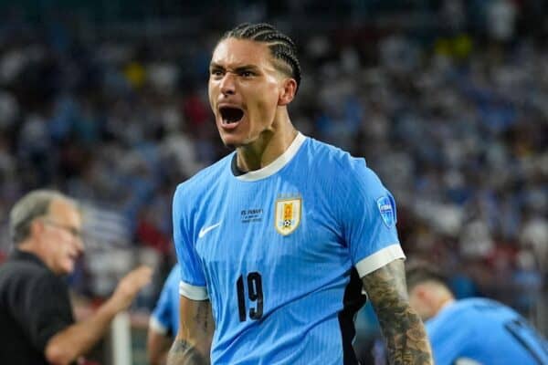 2XDNMR7 Uruguay's Darwin Nunez celebrates after scoring his side's 2nd goal against Panama during a Copa America Group C soccer match in Miami Gardens, Fla, Sunday, June 23, 2024.(AP Photo/Marta Lavandier)
