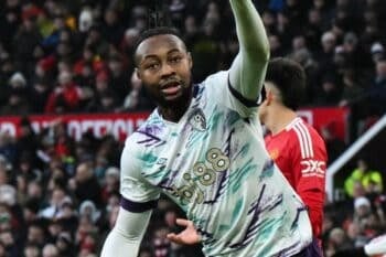 Antoine Semenyo of Bournemouth celebrates his goal to make it 0-3 during the Premier League match Manchester United vs Bournemouth at Old Trafford, Manchester, United Kingdom, 22nd December 2024(Photo by Craig Thomas/News Images)