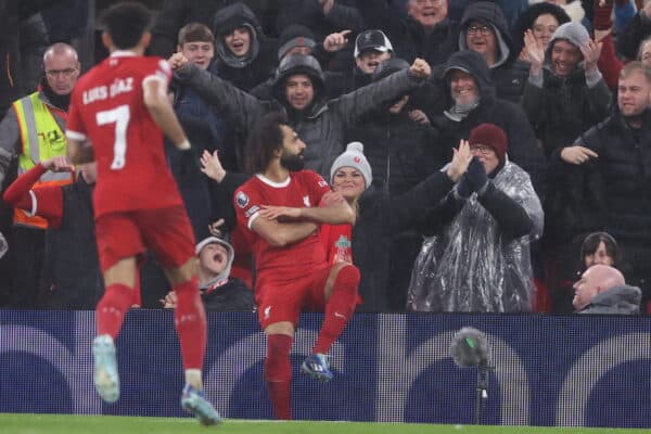 LIVERPOOL, ENGLAND - Monday, January 1, 2024: Mohamed Salah celebrates his goal during the FA Premier League match between Liverpool FC and Newcastle United FC at Anfield. (Photo by David Rawcliffe/Propaganda)