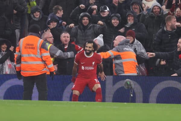 LIVERPOOL, ENGLAND - Monday, January 1, 2024: Mohamed Salah celebrates his goal during the FA Premier League match between Liverpool FC and Newcastle United FC at Anfield. (Photo by David Rawcliffe/Propaganda)