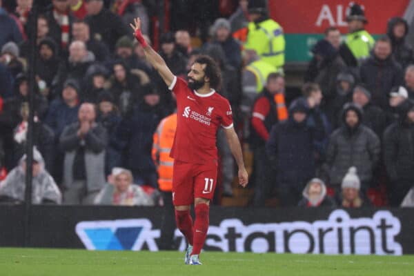 LIVERPOOL, ENGLAND - Monday, January 1, 2024: Mohamed Salah celebrates his goal during the FA Premier League match between Liverpool FC and Newcastle United FC at Anfield. (Photo by David Rawcliffe/Propaganda)