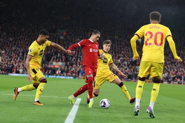 LIVERPOOL, ENGLAND - Thursday, April 4, 2024: Darwin Nunez during the FA Premier League match between Liverpool FC and Sheffield United FC at Anfield. (Photo by David Rawcliffe/Propaganda)