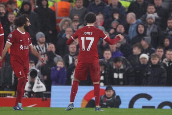 LIVERPOOL, ENGLAND - Monday, January 1, 2024: Curtis Jones celebrates his goal during the FA Premier League match between Liverpool FC and Newcastle United FC at Anfield. (Photo by David Rawcliffe/Propaganda)