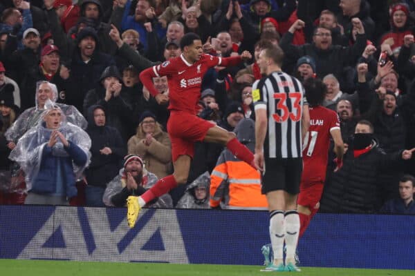 LIVERPOOL, ENGLAND - Monday, January 1, 2024: Cody Gakpo celebrates his goal during the FA Premier League match between Liverpool FC and Newcastle United FC at Anfield. (Photo by David Rawcliffe/Propaganda)