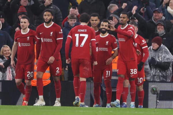 LIVERPOOL, ENGLAND - Monday, January 1, 2024: Mohamed Salah celebrates his goal during the FA Premier League match between Liverpool FC and Newcastle United FC at Anfield. (Photo by David Rawcliffe/Propaganda)