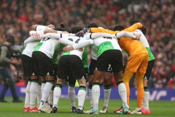 MANCHESTER, ENGLAND - Sunday, March 17, 2024: Liverpool team huddle prior to Premier League meeting at Manchester United. © 2023 David Rawcliffe/Propaganda. All Rights Reserved.